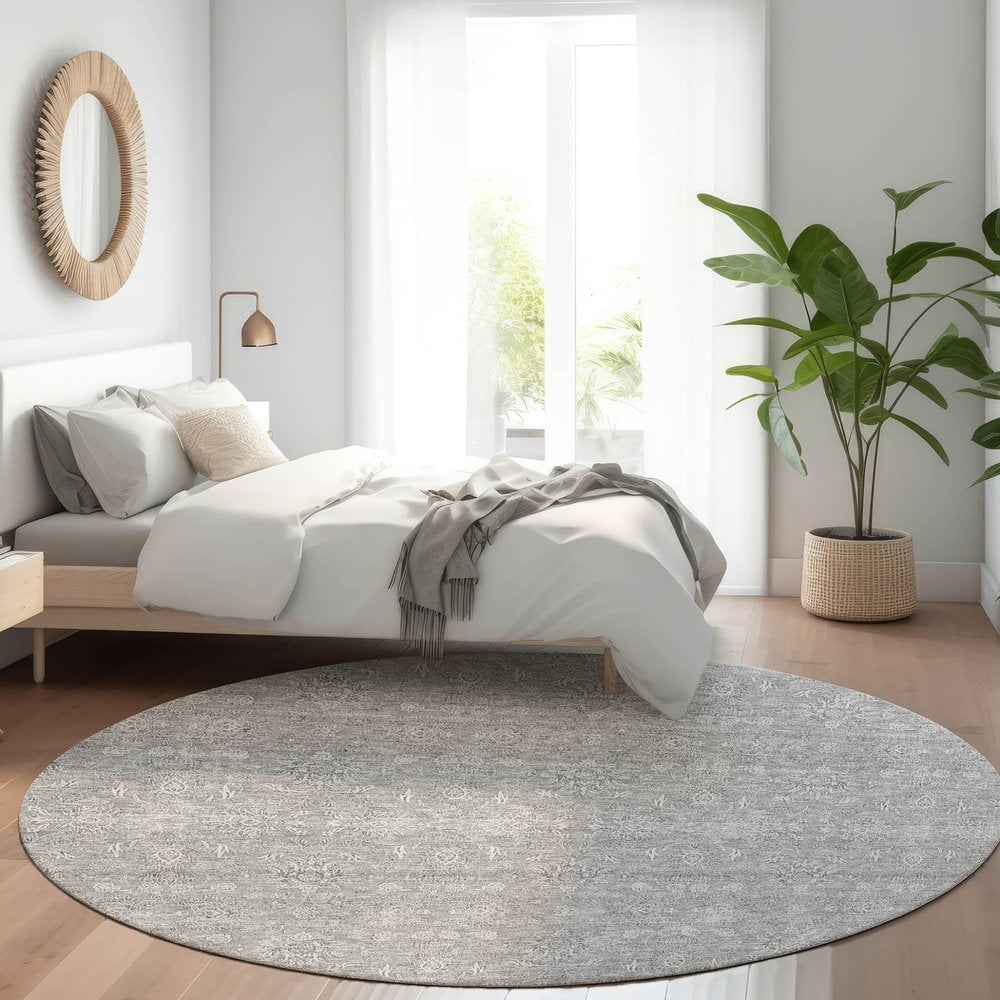 3' X 5' Gray Silver And Ivory Floral Washable Indoor Outdoor Area Rug