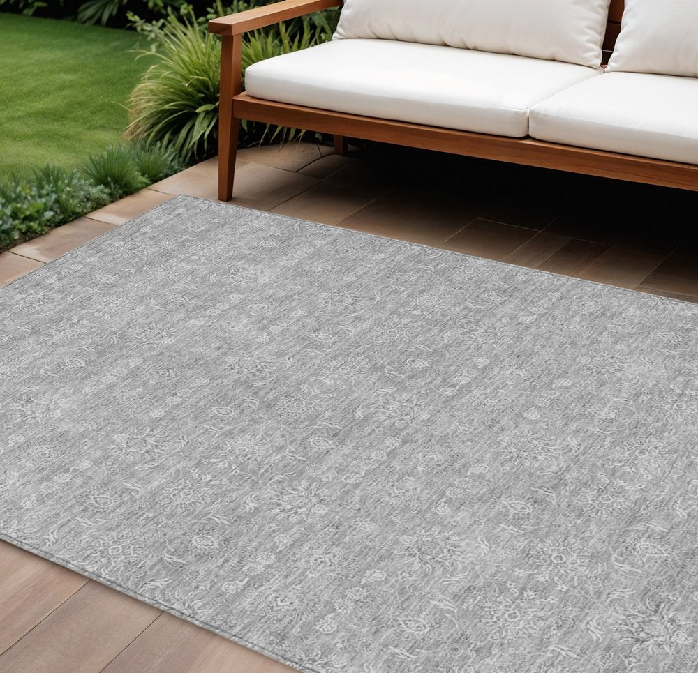 3' X 5' Gray Silver And Ivory Floral Washable Indoor Outdoor Area Rug