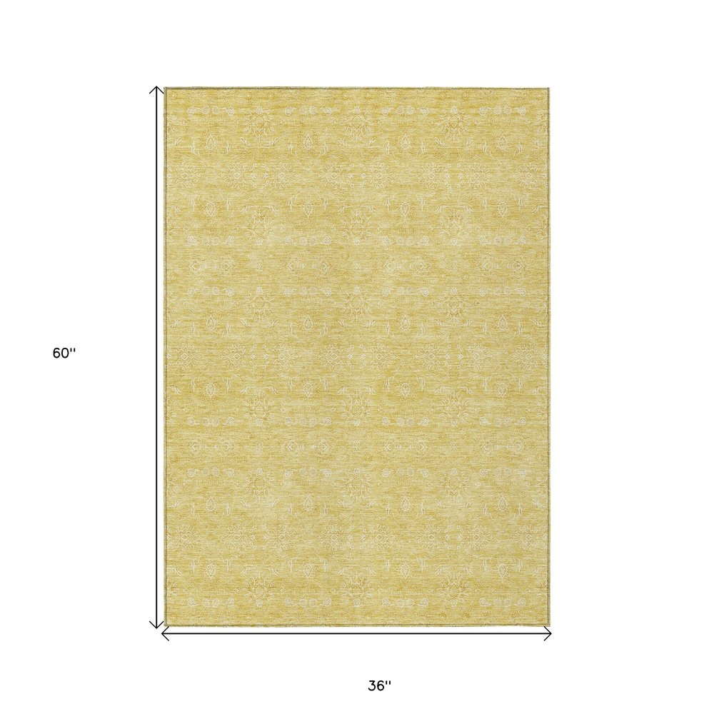 3' X 5' Yellow Gold And Ivory Floral Washable Indoor Outdoor Area Rug
