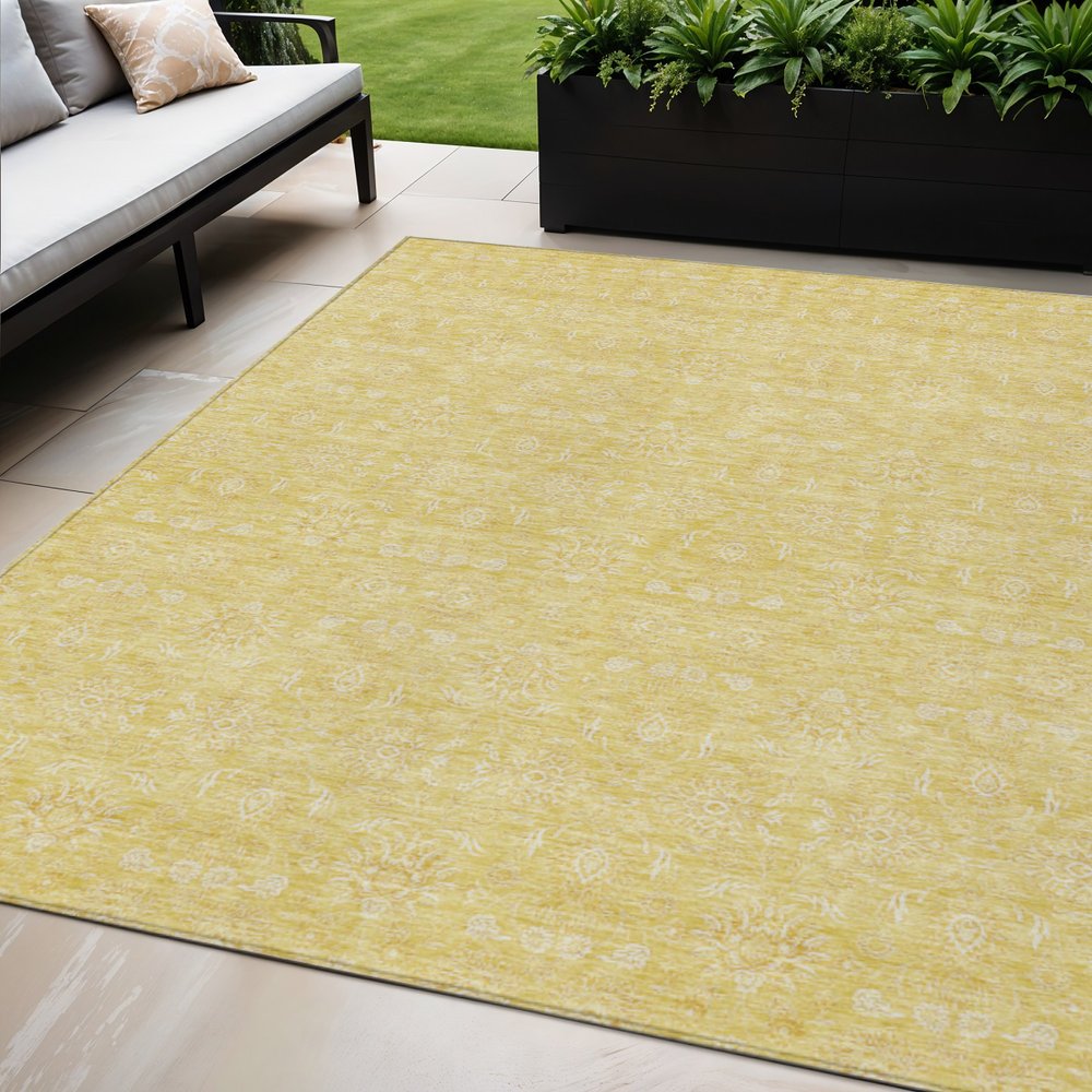 3' X 5' Yellow Gold And Ivory Floral Washable Indoor Outdoor Area Rug