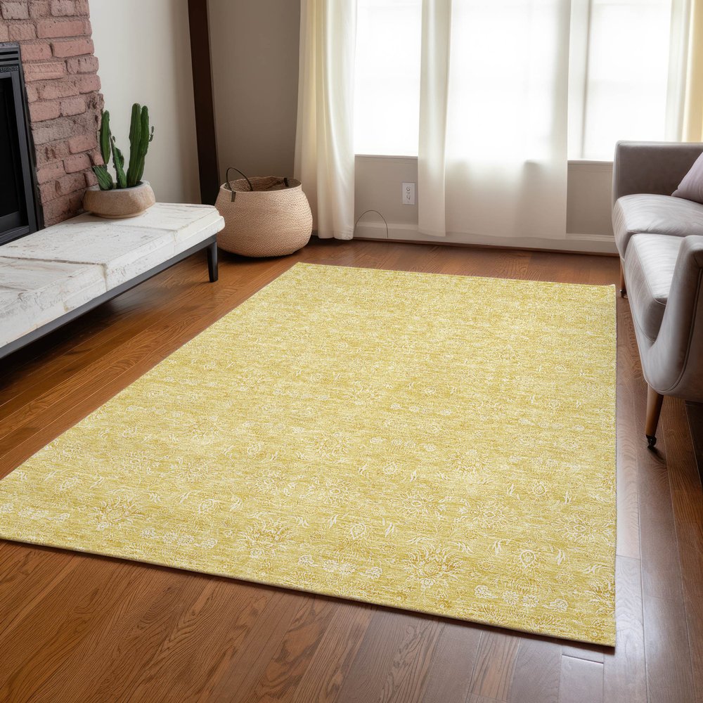 3' X 5' Yellow Gold And Ivory Floral Washable Indoor Outdoor Area Rug