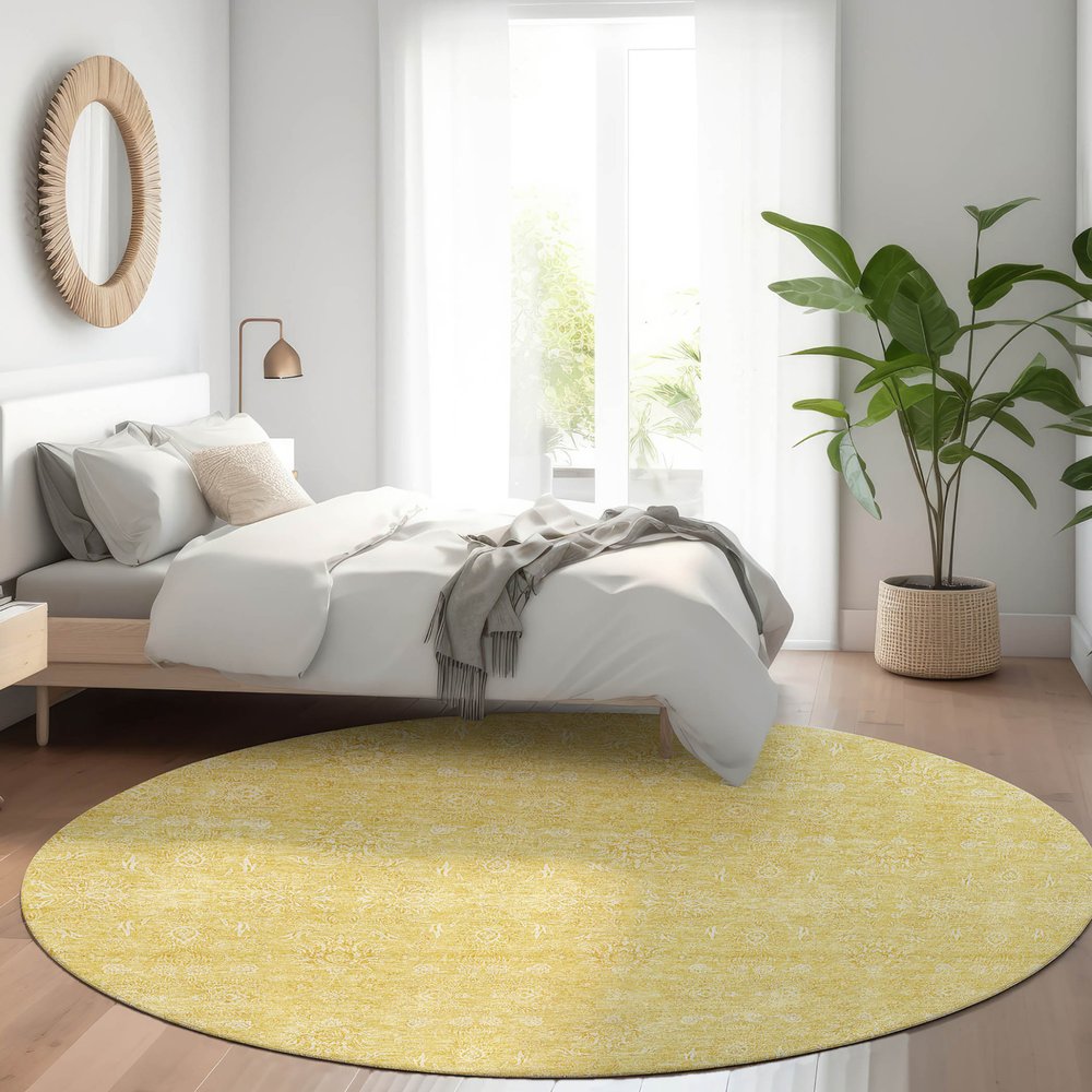 3' X 5' Yellow Gold And Ivory Floral Washable Indoor Outdoor Area Rug