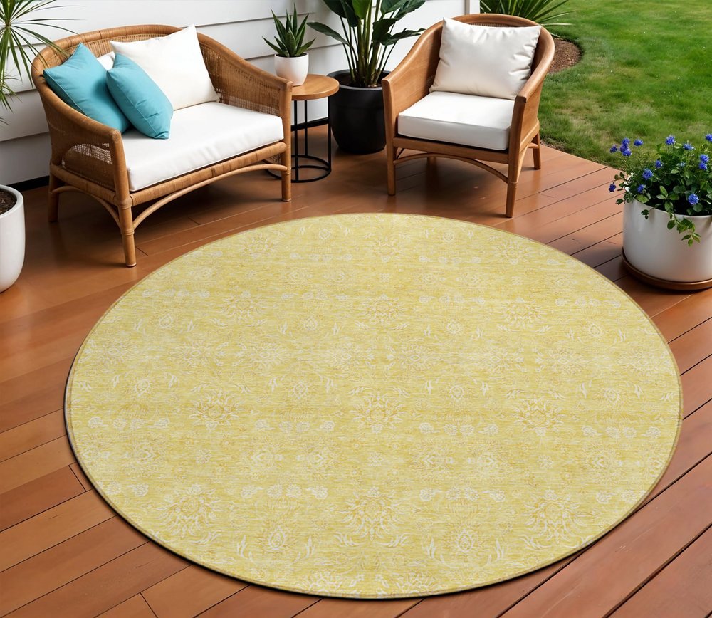 3' X 5' Yellow Gold And Ivory Floral Washable Indoor Outdoor Area Rug