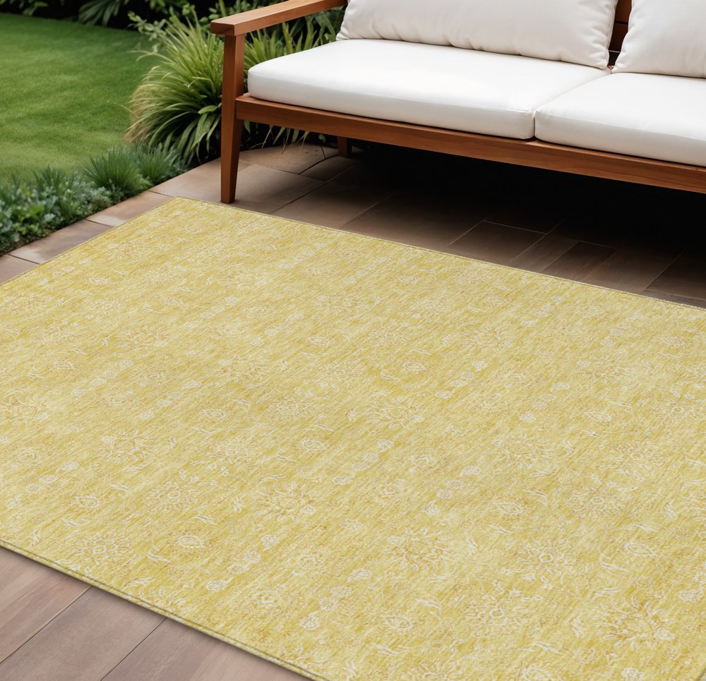 3' X 5' Yellow Gold And Ivory Floral Washable Indoor Outdoor Area Rug