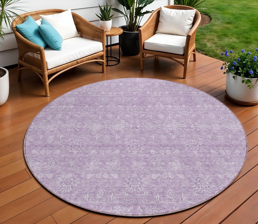 3' X 5' Lavender Lilac And Ivory Floral Washable Indoor Outdoor Area Rug