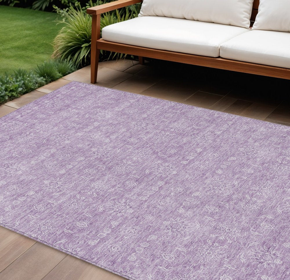 3' X 5' Lavender Lilac And Ivory Floral Washable Indoor Outdoor Area Rug