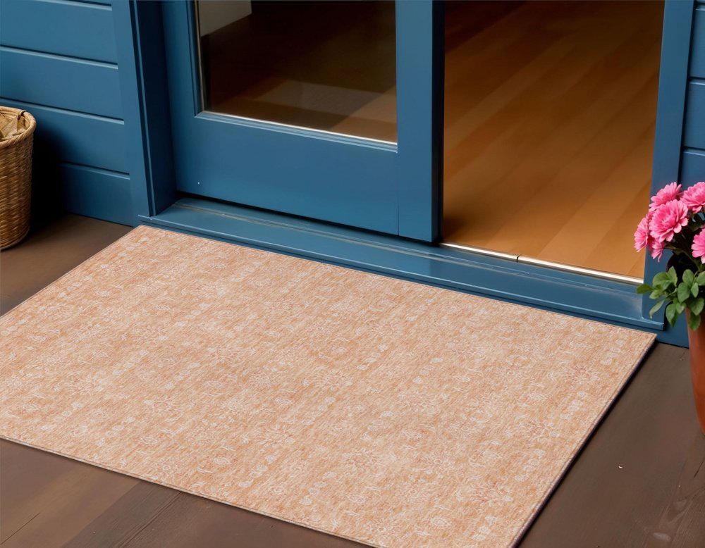 3' X 5' Peach And Ivory Floral Washable Indoor Outdoor Area Rug