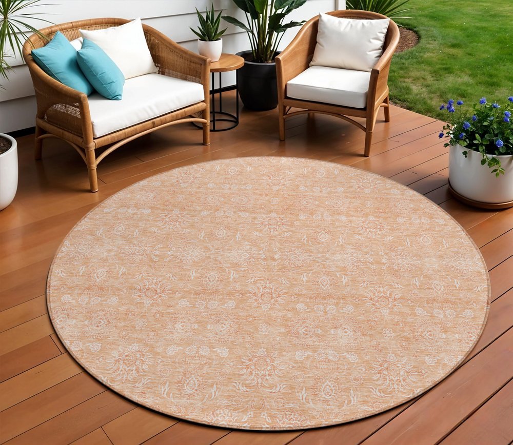 3' X 5' Peach And Ivory Floral Washable Indoor Outdoor Area Rug