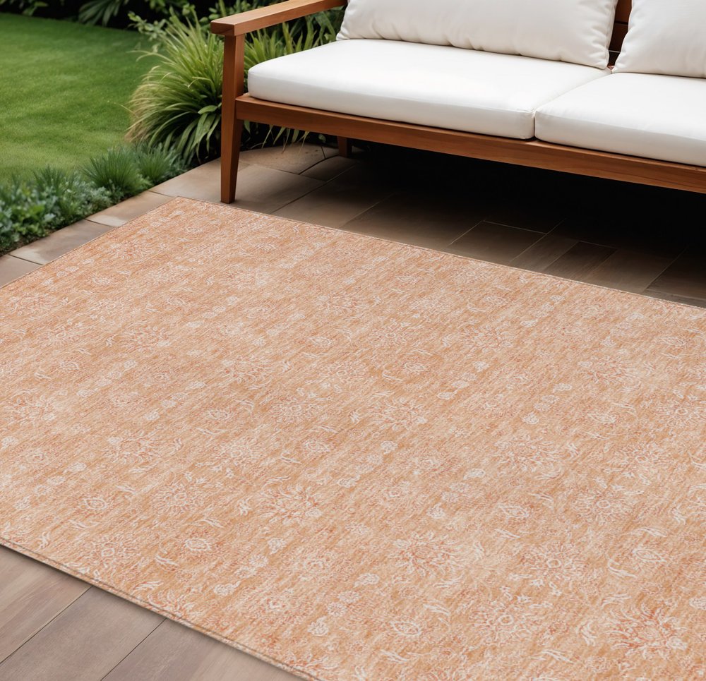 3' X 5' Peach And Ivory Floral Washable Indoor Outdoor Area Rug