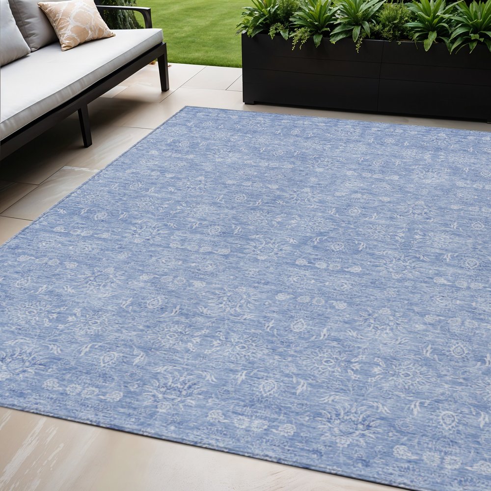 3' X 5' Sky Blue And Ivory Floral Washable Indoor Outdoor Area Rug