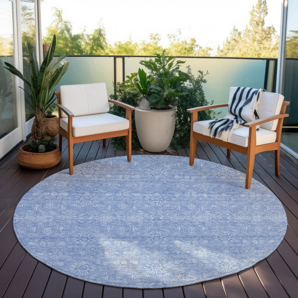 3' X 5' Sky Blue And Ivory Floral Washable Indoor Outdoor Area Rug