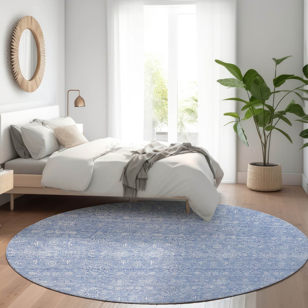 3' X 5' Sky Blue And Ivory Floral Washable Indoor Outdoor Area Rug
