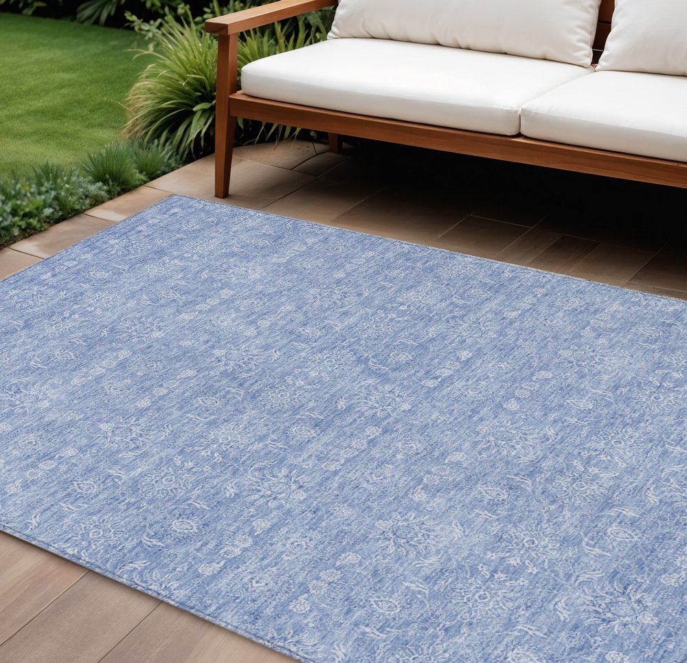3' X 5' Sky Blue And Ivory Floral Washable Indoor Outdoor Area Rug