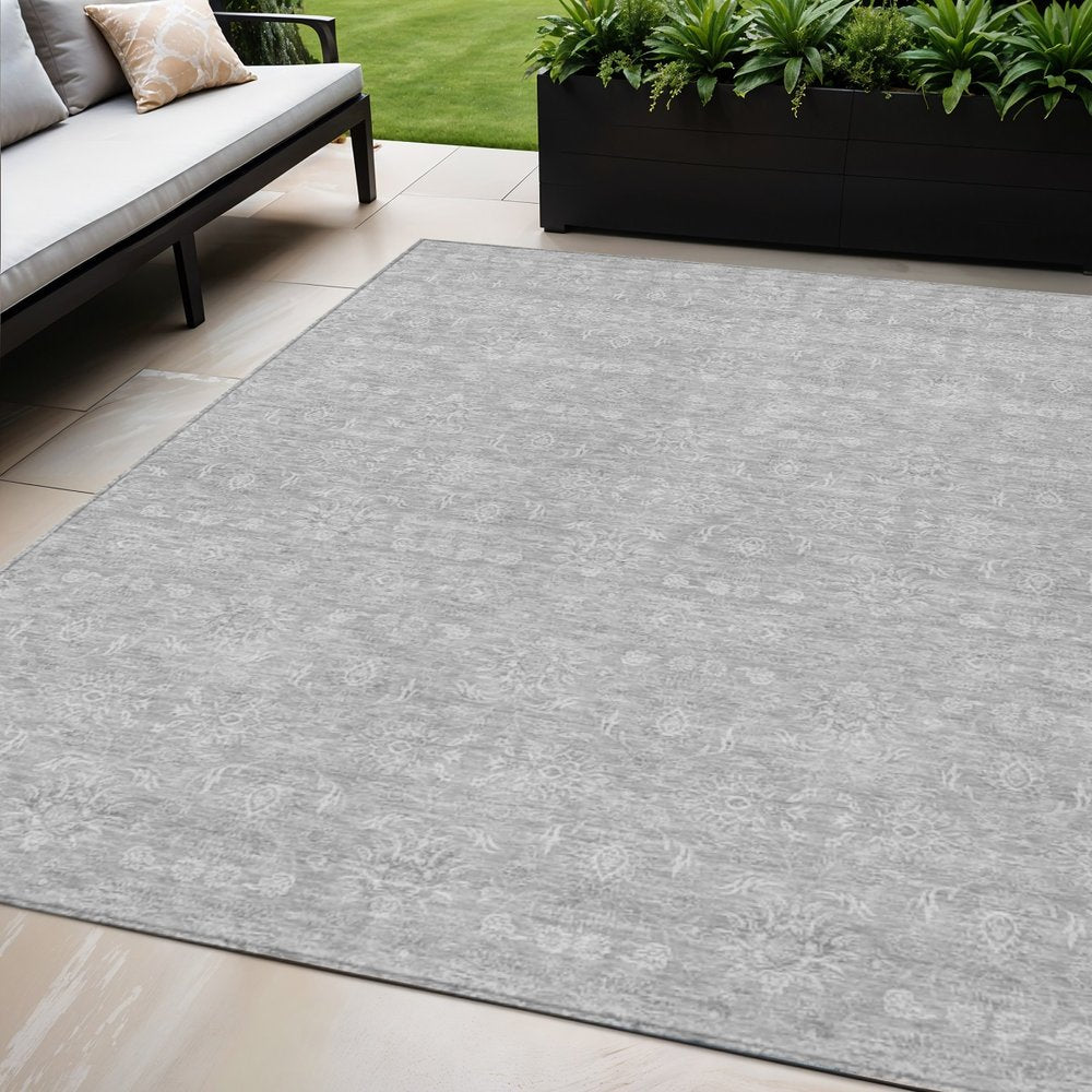 3' X 5' Silver Gray And Ivory Floral Washable Indoor Outdoor Area Rug