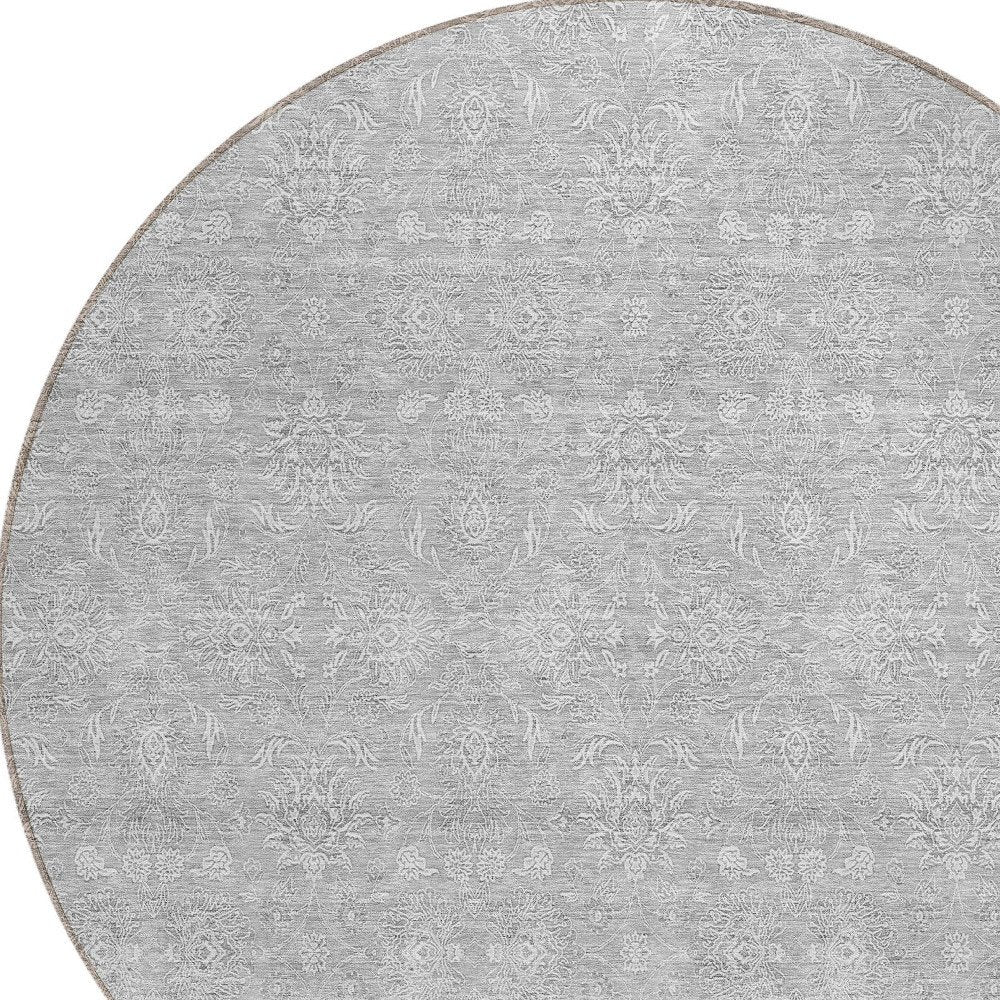 3' X 5' Silver Gray And Ivory Floral Washable Indoor Outdoor Area Rug