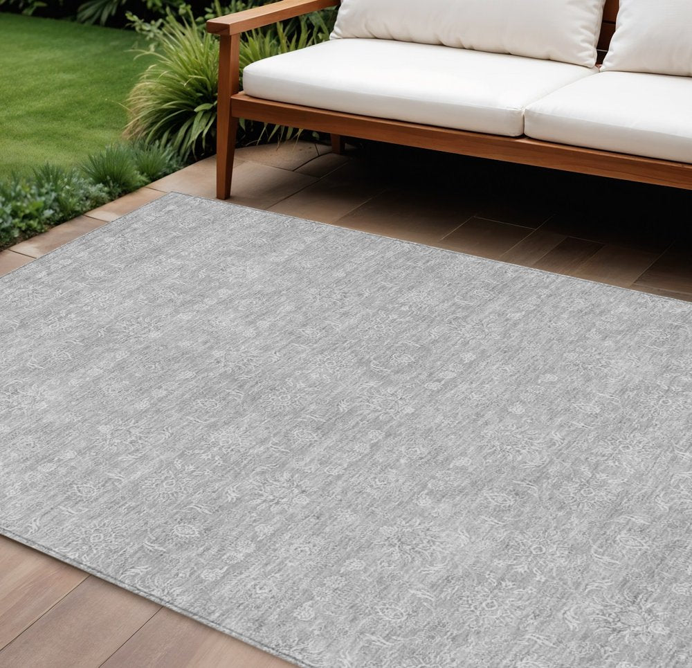 3' X 5' Silver Gray And Ivory Floral Washable Indoor Outdoor Area Rug
