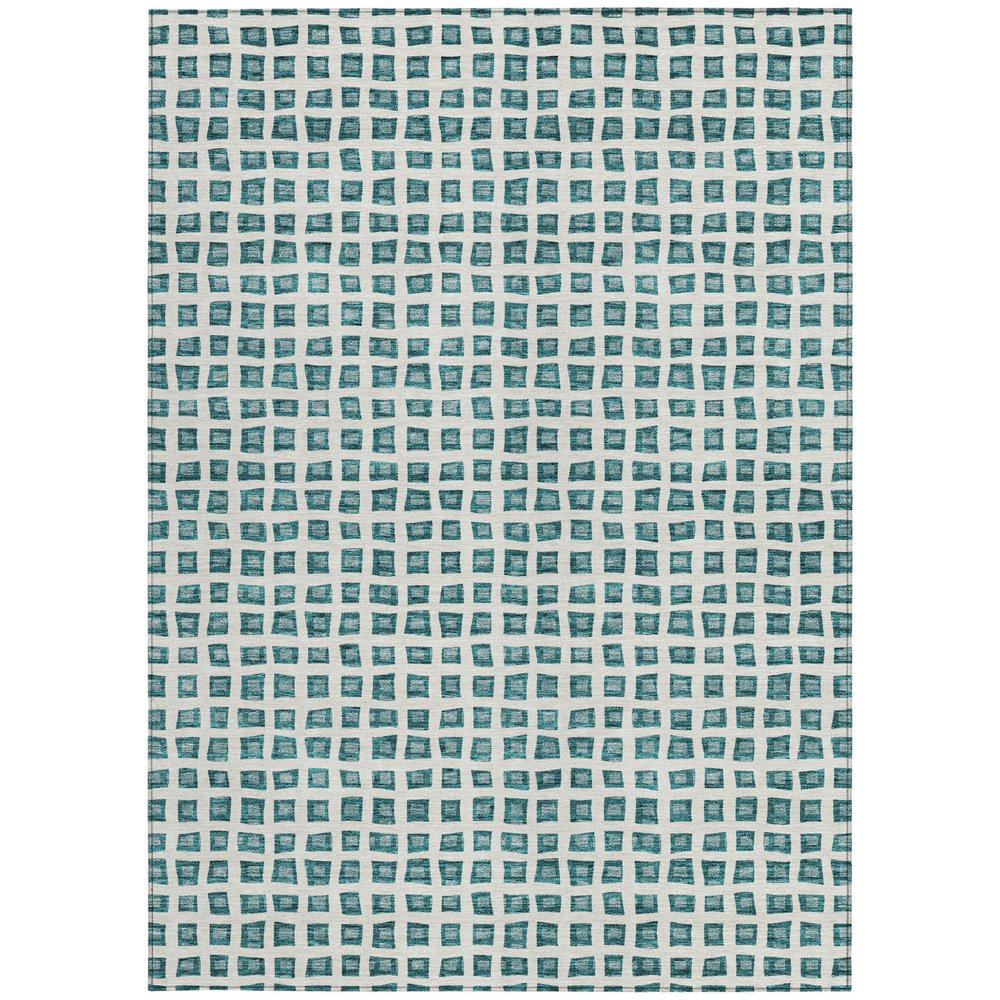 3' X 5' Teal Blue And Ivory Geometric Washable Indoor Outdoor Area Rug