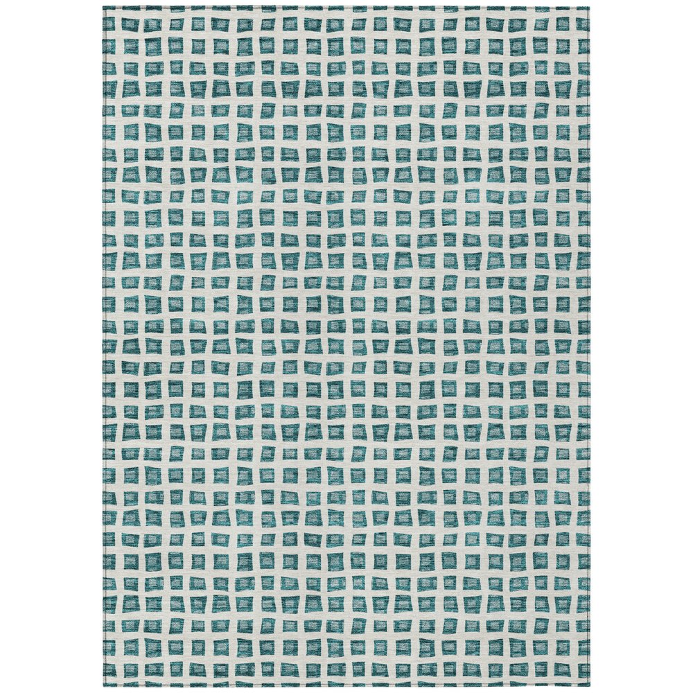 3' X 5' Teal Blue And Ivory Geometric Washable Indoor Outdoor Area Rug