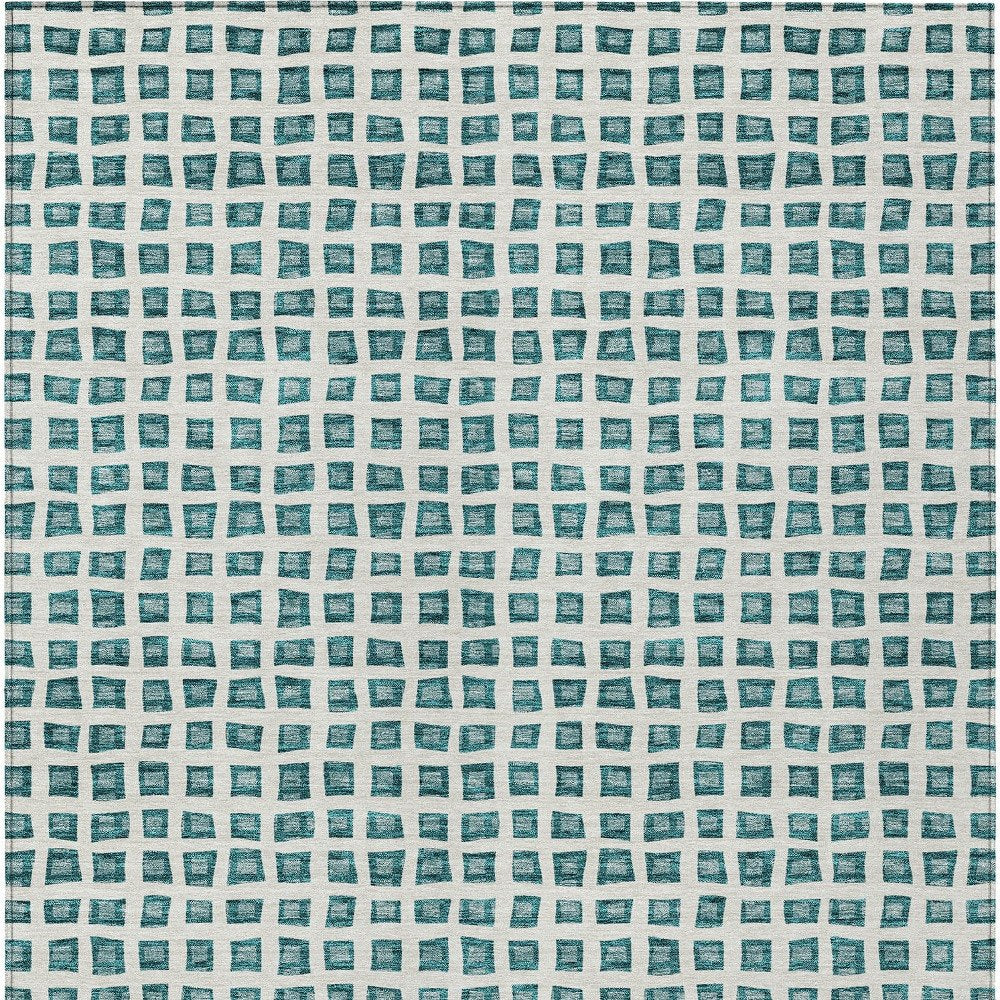 3' X 5' Teal Blue And Ivory Geometric Washable Indoor Outdoor Area Rug