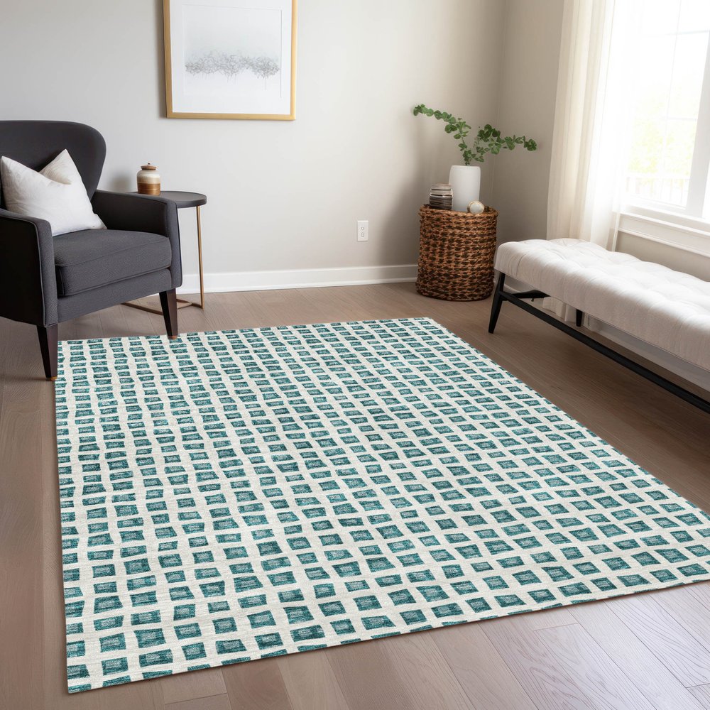 3' X 5' Teal Blue And Ivory Geometric Washable Indoor Outdoor Area Rug