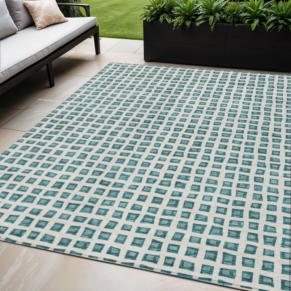 3' X 5' Teal Blue And Ivory Geometric Washable Indoor Outdoor Area Rug