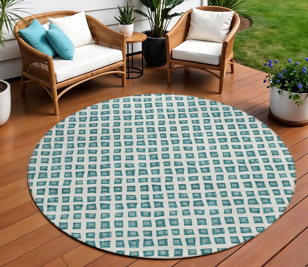 3' X 5' Teal Blue And Ivory Geometric Washable Indoor Outdoor Area Rug