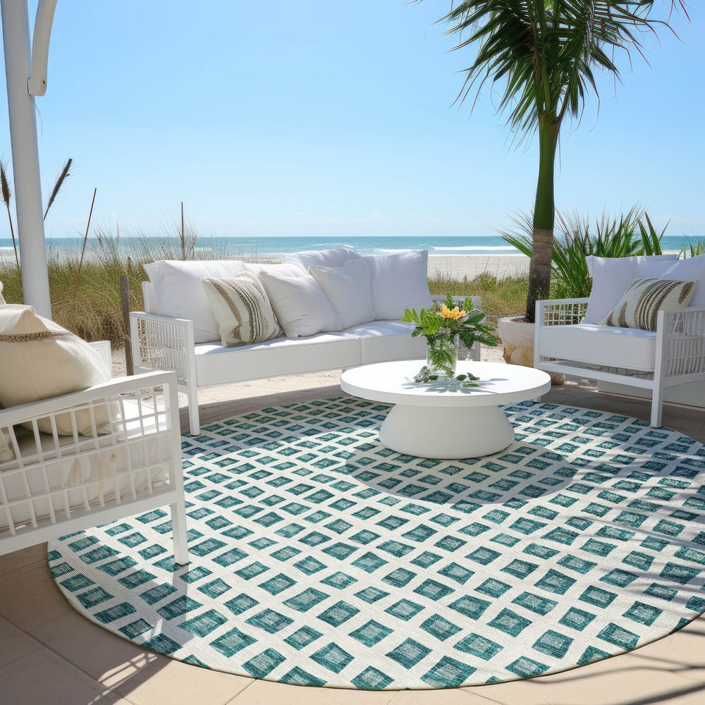 3' X 5' Teal Blue And Ivory Geometric Washable Indoor Outdoor Area Rug