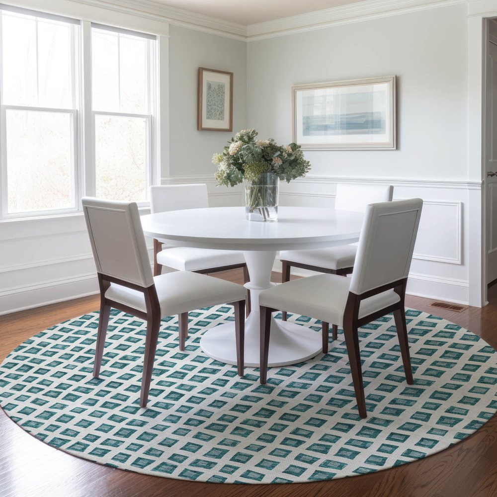 3' X 5' Teal Blue And Ivory Geometric Washable Indoor Outdoor Area Rug