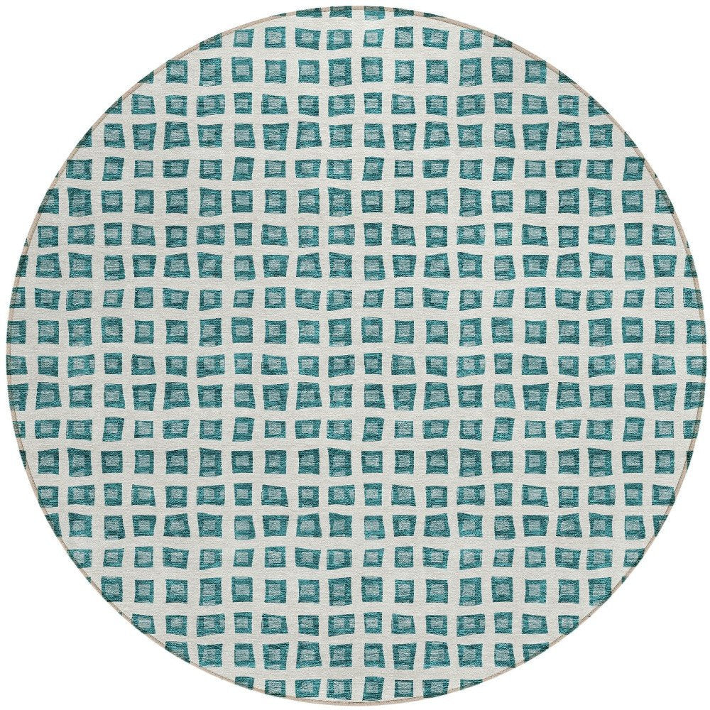 3' X 5' Teal Blue And Ivory Geometric Washable Indoor Outdoor Area Rug