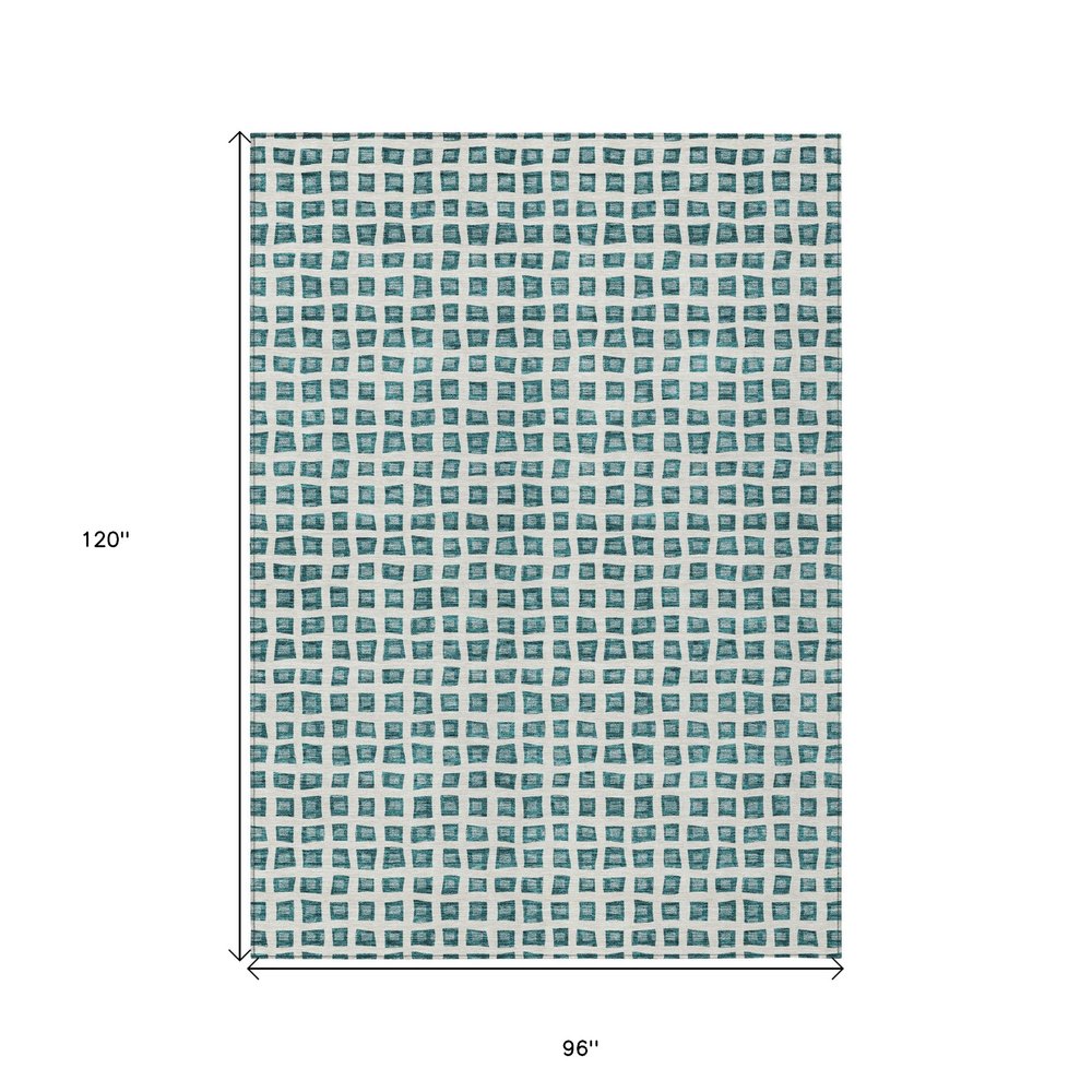 3' X 5' Teal Blue And Ivory Geometric Washable Indoor Outdoor Area Rug