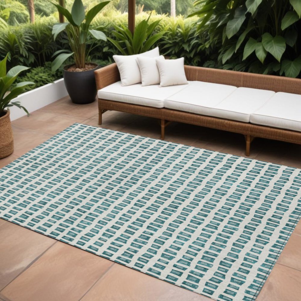 3' X 5' Teal Blue And Ivory Geometric Washable Indoor Outdoor Area Rug
