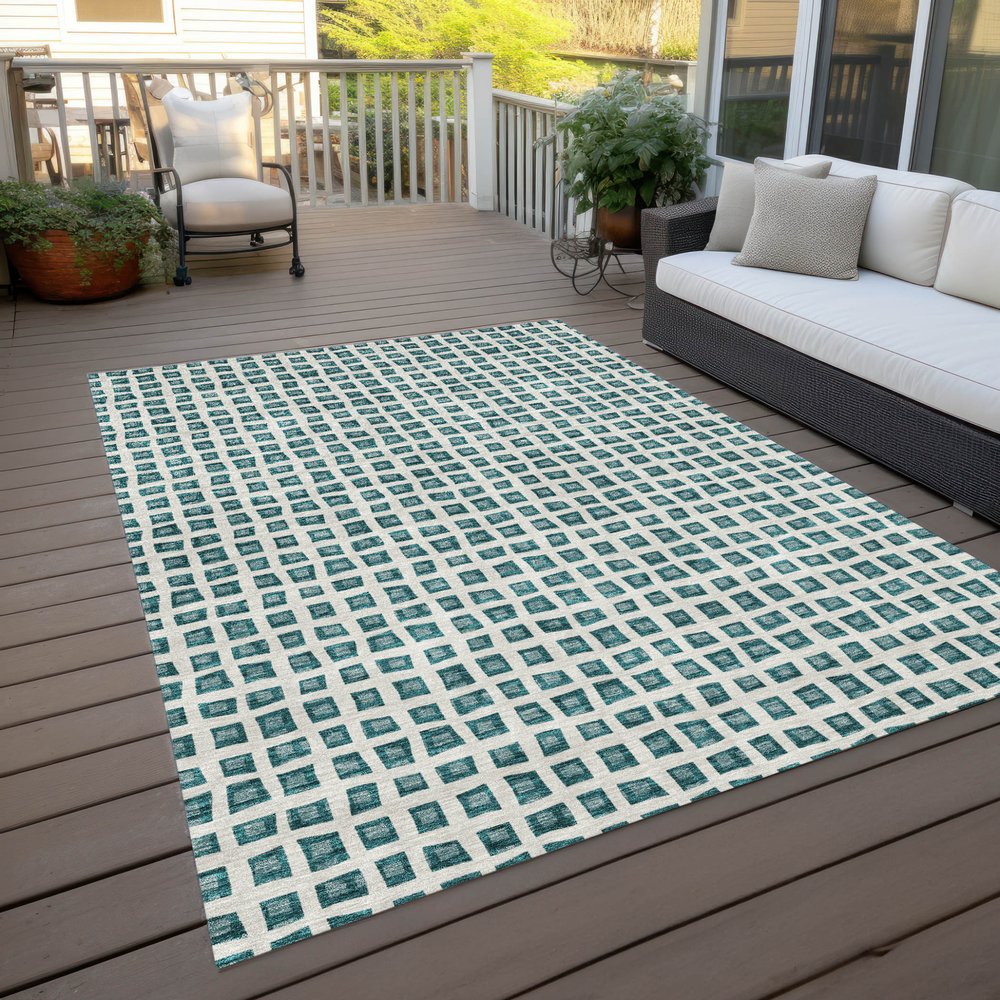 3' X 5' Teal Blue And Ivory Geometric Washable Indoor Outdoor Area Rug