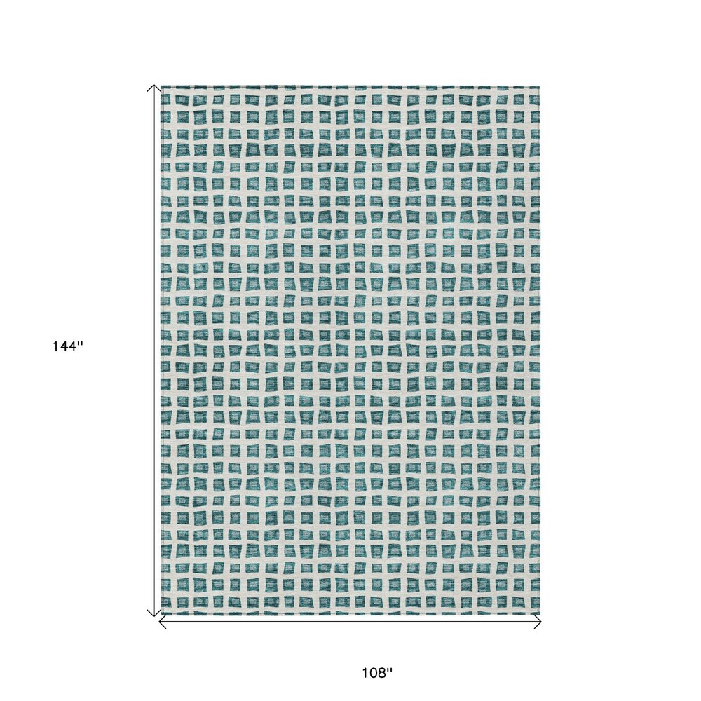 3' X 5' Teal Blue And Ivory Geometric Washable Indoor Outdoor Area Rug