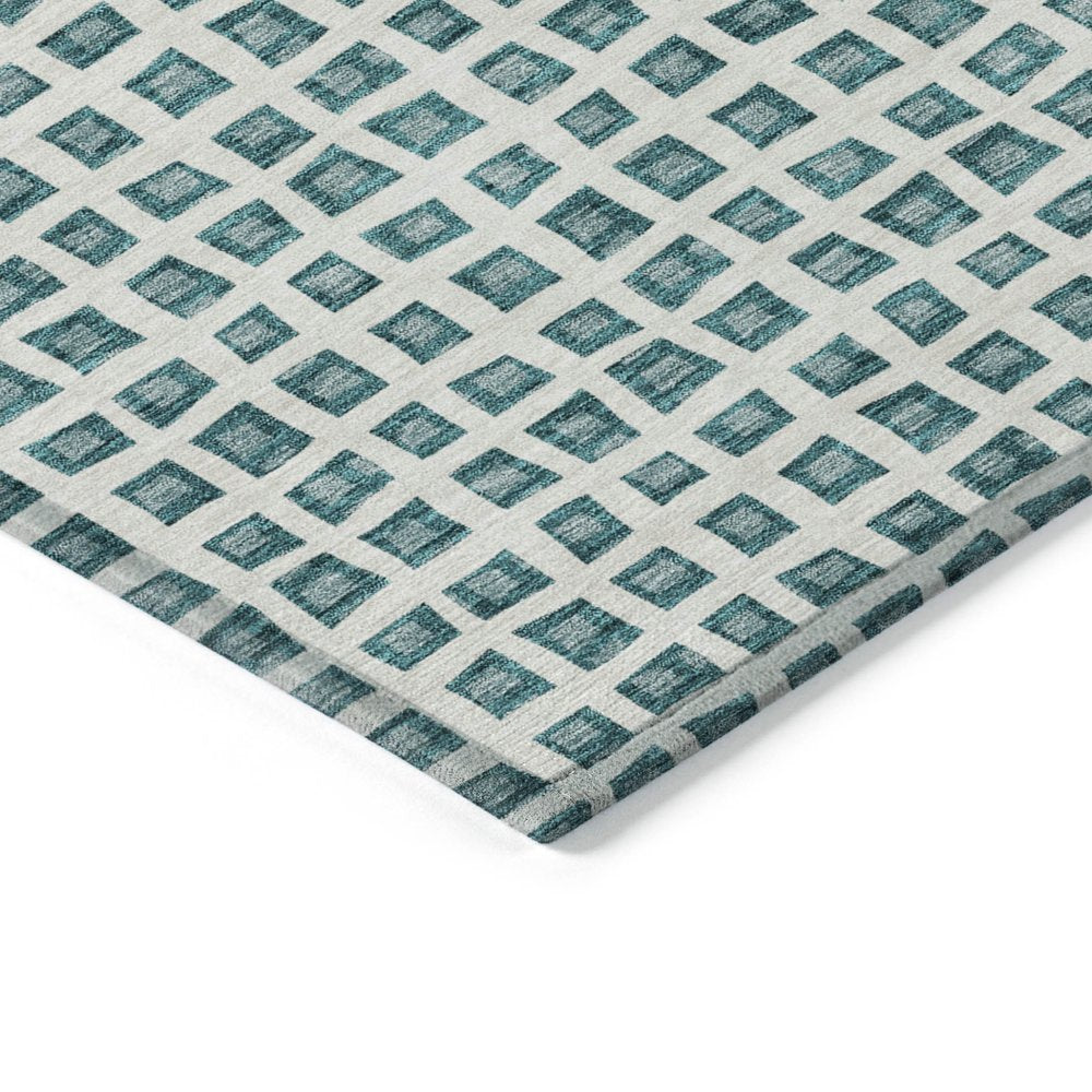 3' X 5' Teal Blue And Ivory Geometric Washable Indoor Outdoor Area Rug