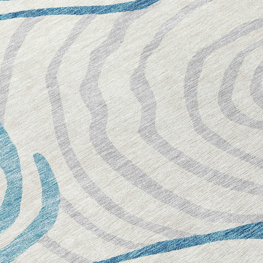 3' X 5' Teal Blue Ivory And Silver Abstract Washable Indoor Outdoor Area Rug