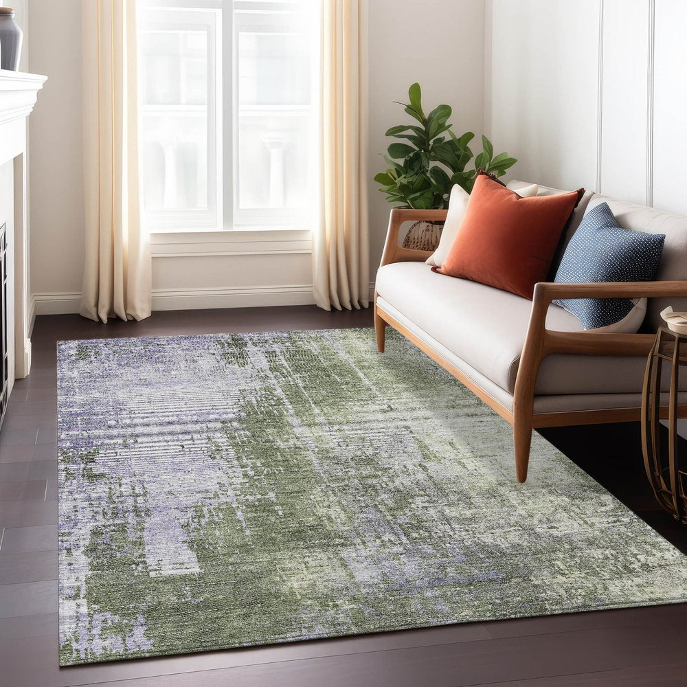 5' X 8' Olive Green And Purple Abstract Washable Indoor Outdoor Area Rug
