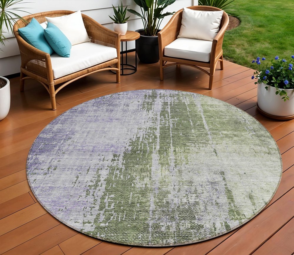 5' X 8' Olive Green And Purple Abstract Washable Indoor Outdoor Area Rug