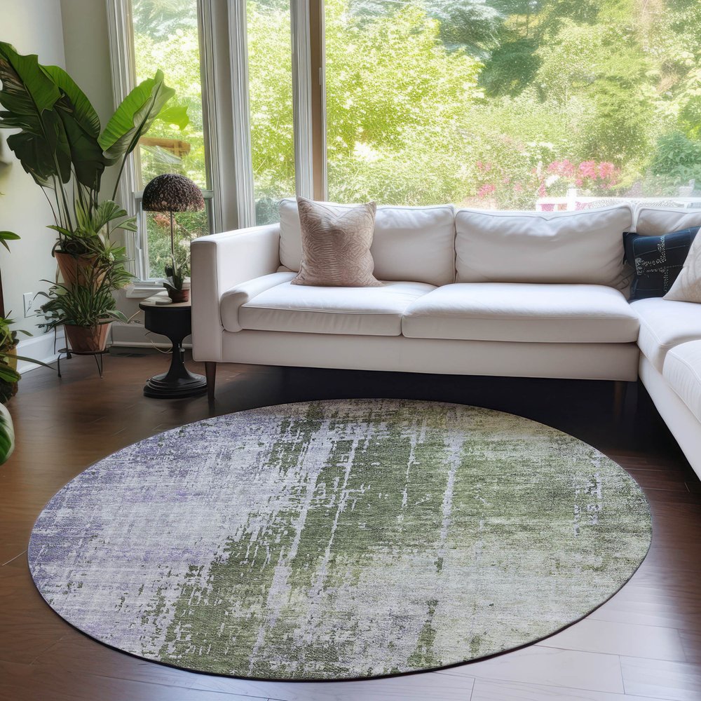 5' X 8' Olive Green And Purple Abstract Washable Indoor Outdoor Area Rug
