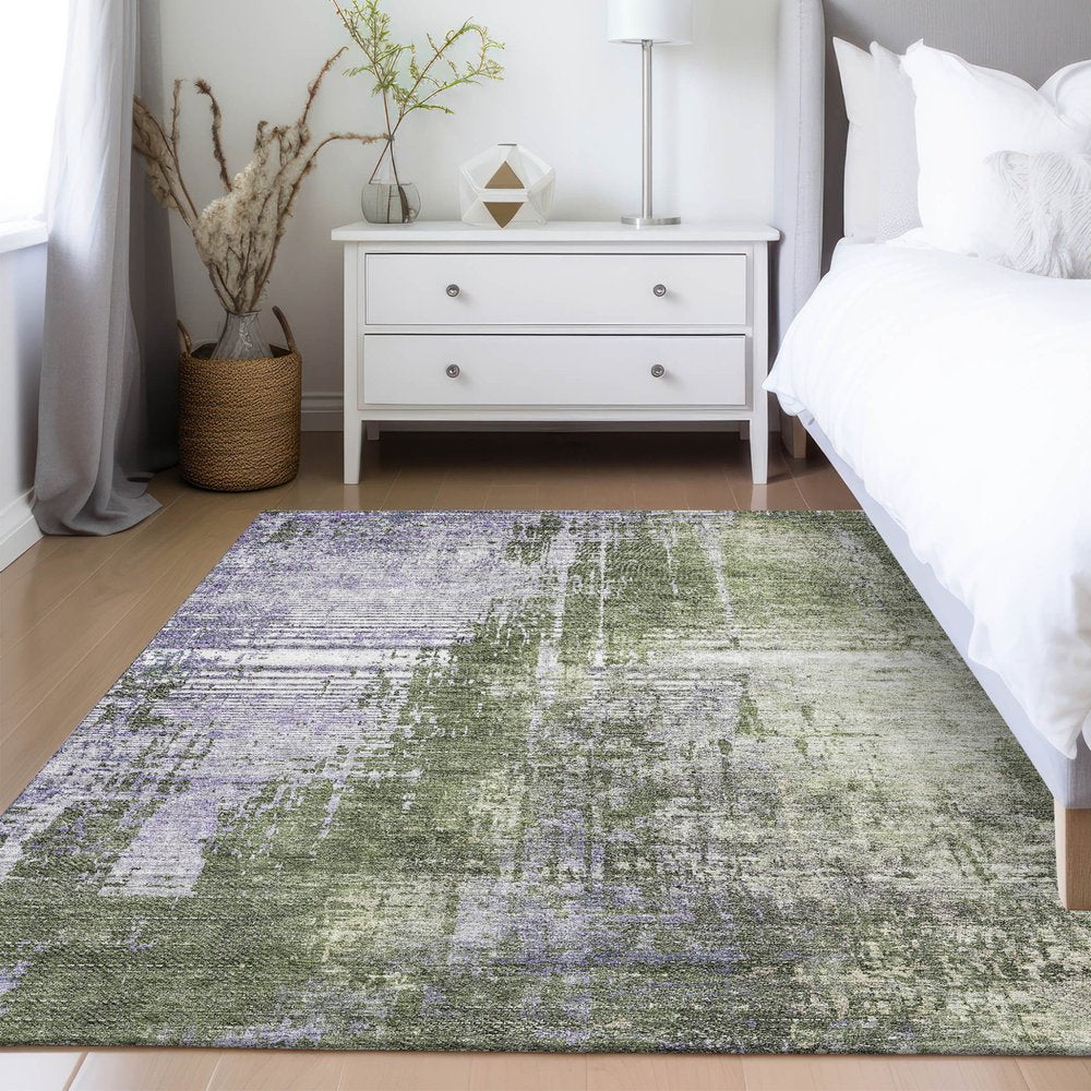 5' X 8' Olive Green And Purple Abstract Washable Indoor Outdoor Area Rug
