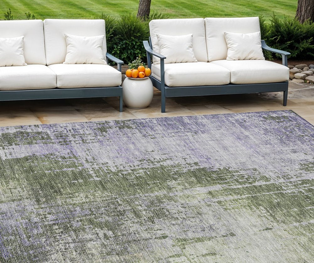 5' X 8' Olive Green And Purple Abstract Washable Indoor Outdoor Area Rug
