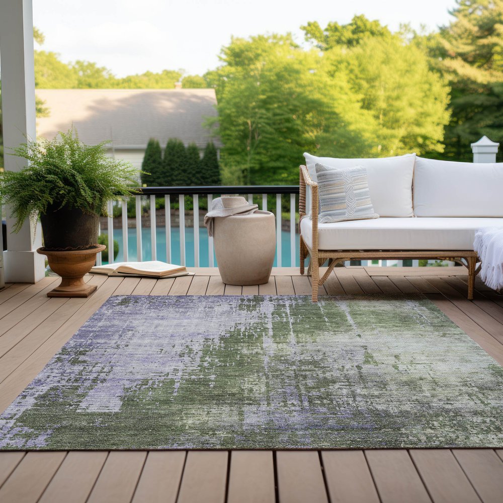 5' X 8' Olive Green And Purple Abstract Washable Indoor Outdoor Area Rug