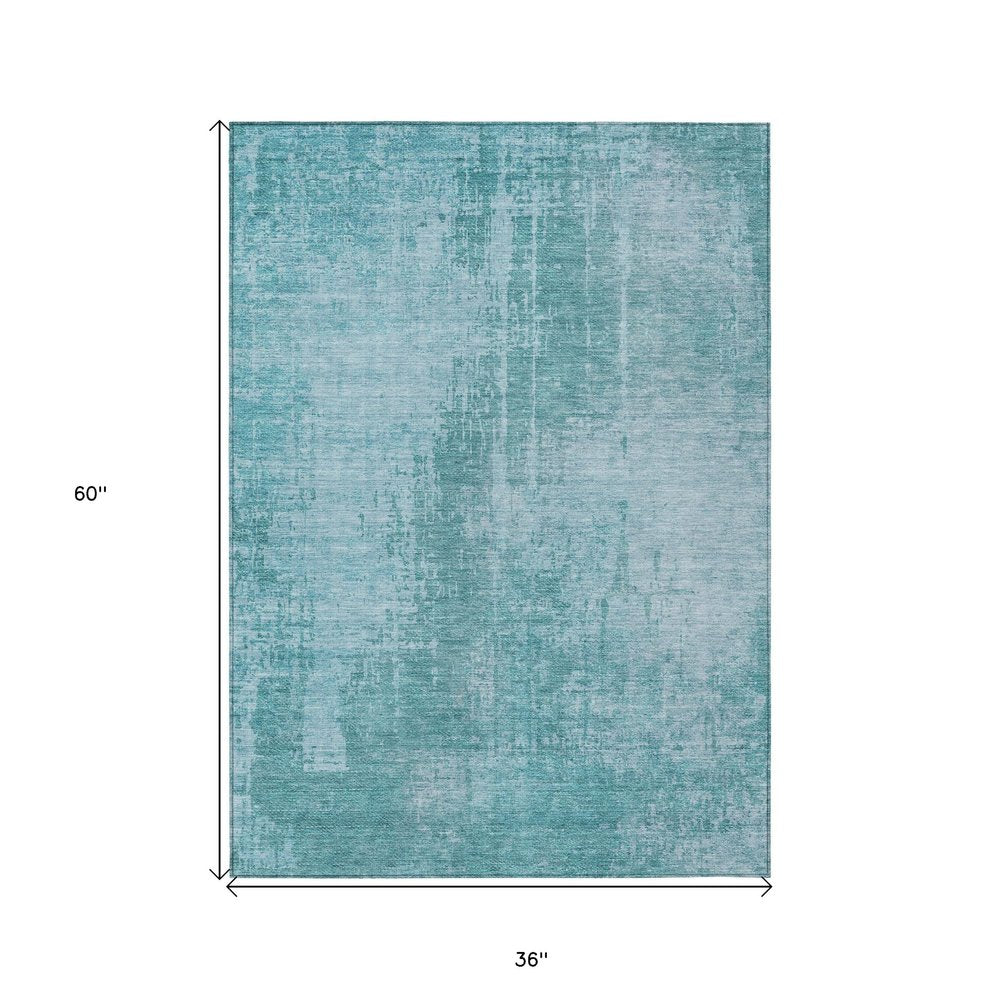 3' X 5' Aqua Teal Blue And Gray Abstract Washable Indoor Outdoor Area Rug
