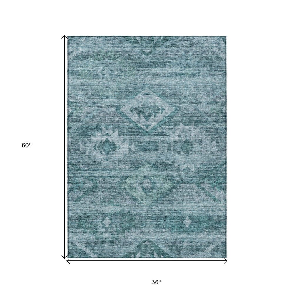 3' X 5' Teal Blue And Aqua Southwestern Washable Indoor Outdoor Area Rug