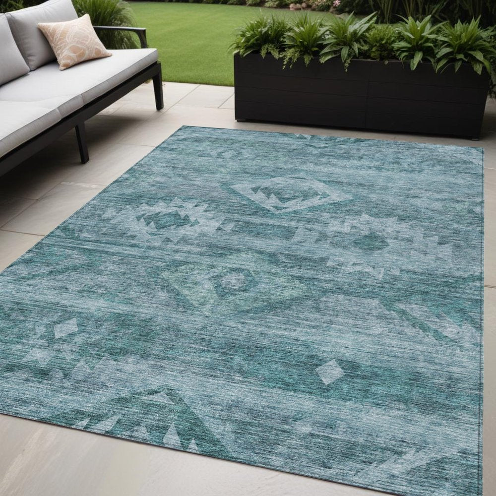 3' X 5' Teal Blue And Aqua Southwestern Washable Indoor Outdoor Area Rug