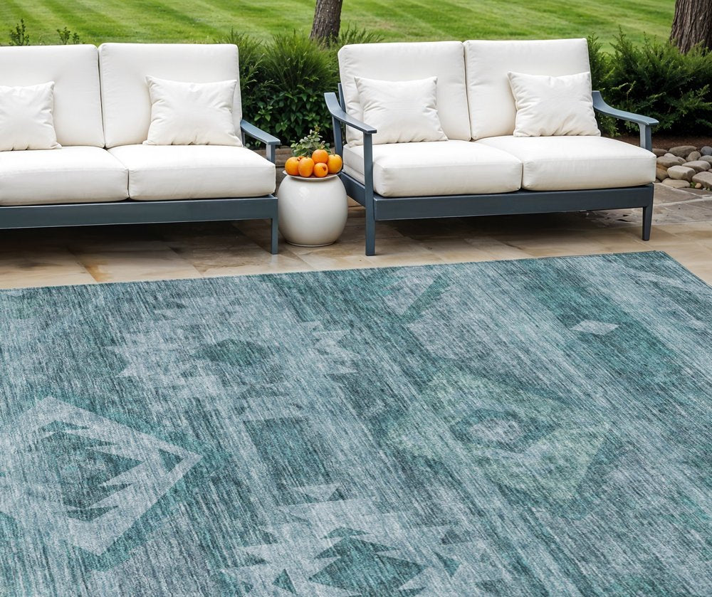 3' X 5' Teal Blue And Aqua Southwestern Washable Indoor Outdoor Area Rug