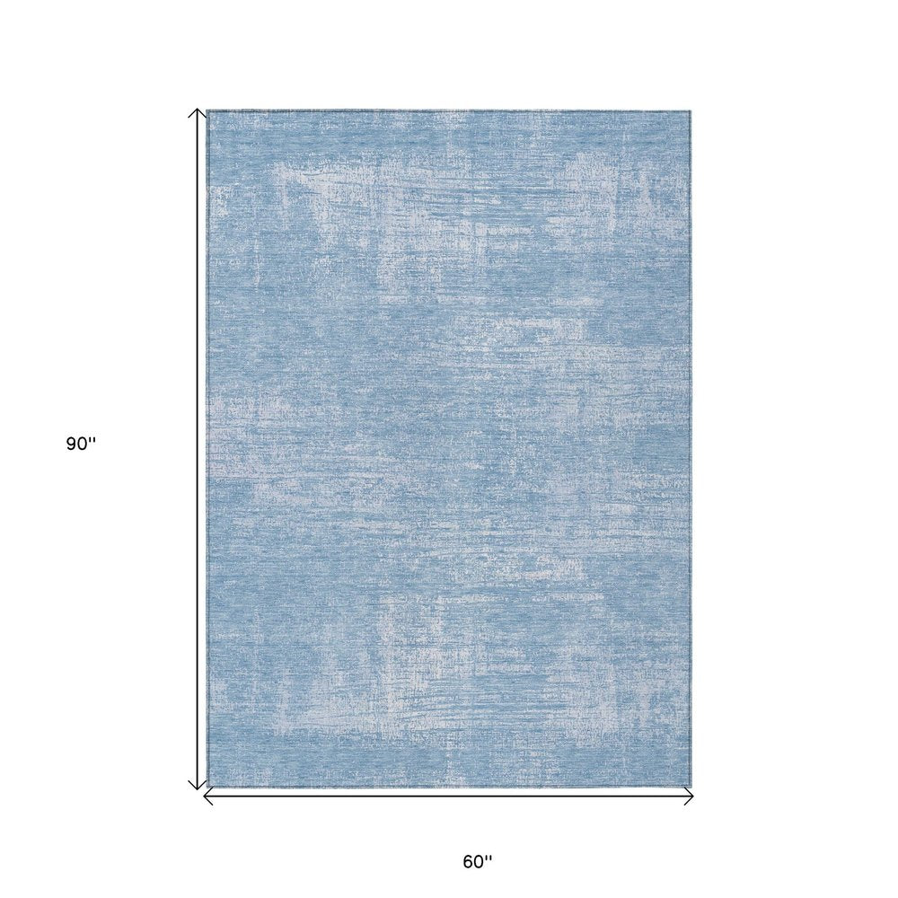 3' X 5' Navy Blue And Sky Blue Abstract Washable Indoor Outdoor Area Rug