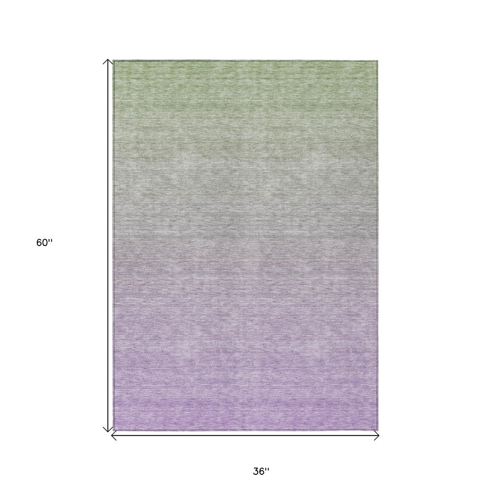 3' X 5' Artichoke Green And Lavender Ombre Washable Indoor Outdoor Area Rug