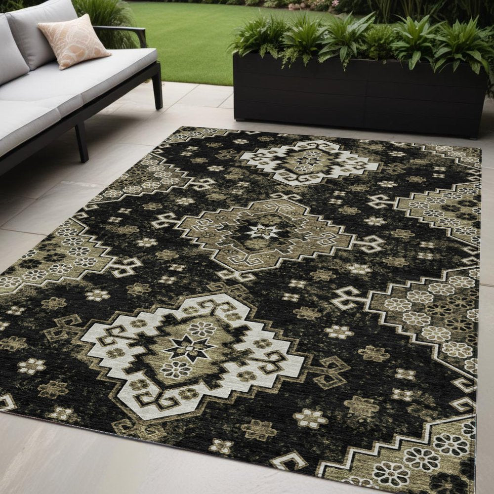3' X 5' Black Ivory And Taupe Medallion Washable Indoor Outdoor Area Rug