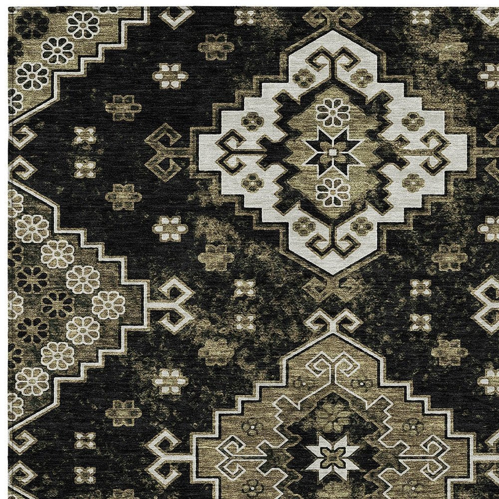 3' X 5' Black Ivory And Taupe Medallion Washable Indoor Outdoor Area Rug
