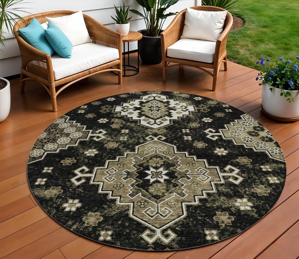 3' X 5' Black Ivory And Taupe Medallion Washable Indoor Outdoor Area Rug